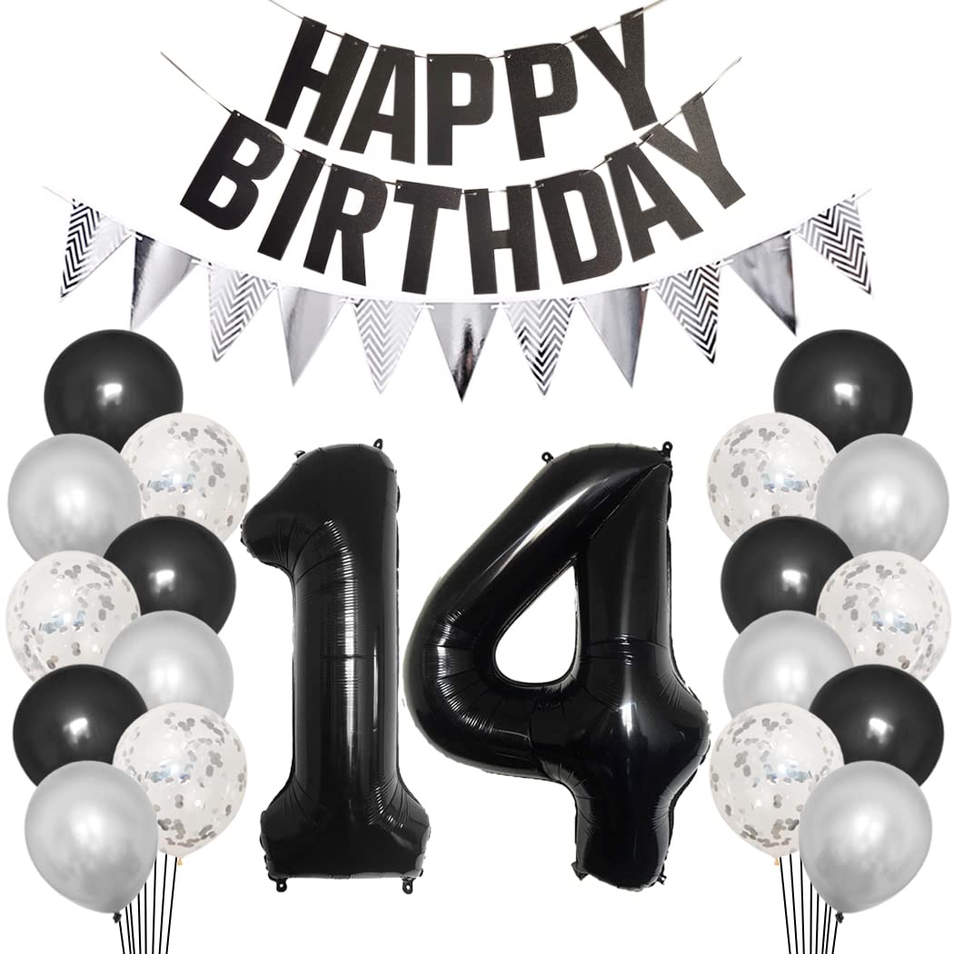 Borsgye 14th Birthday Party Decorations Set for Girl Boy Women Men Black HAPPY BIRTHDAY Letter Banner Silver Sparkly Glitter Traingle Banner Confetti Latex Balloons with Black Giant Number 14 Balloon