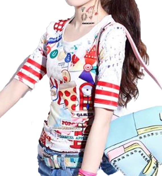 Amazon Sunnuy ストリート系 クルーネック レディース Tシャツ 半袖 トップス かわいい 春夏 白 ゆったり 原宿系 プリント柄 カジュアル きれいめ タイト 無地 ファッション Tシャツ カットソー 通販