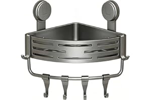 Shower Corner Shelf 1 Tier, No-Drill Suction Cup Wall Organizer, Rustproof ABS Triangular Caddy with Hooks, Quick Install Sto