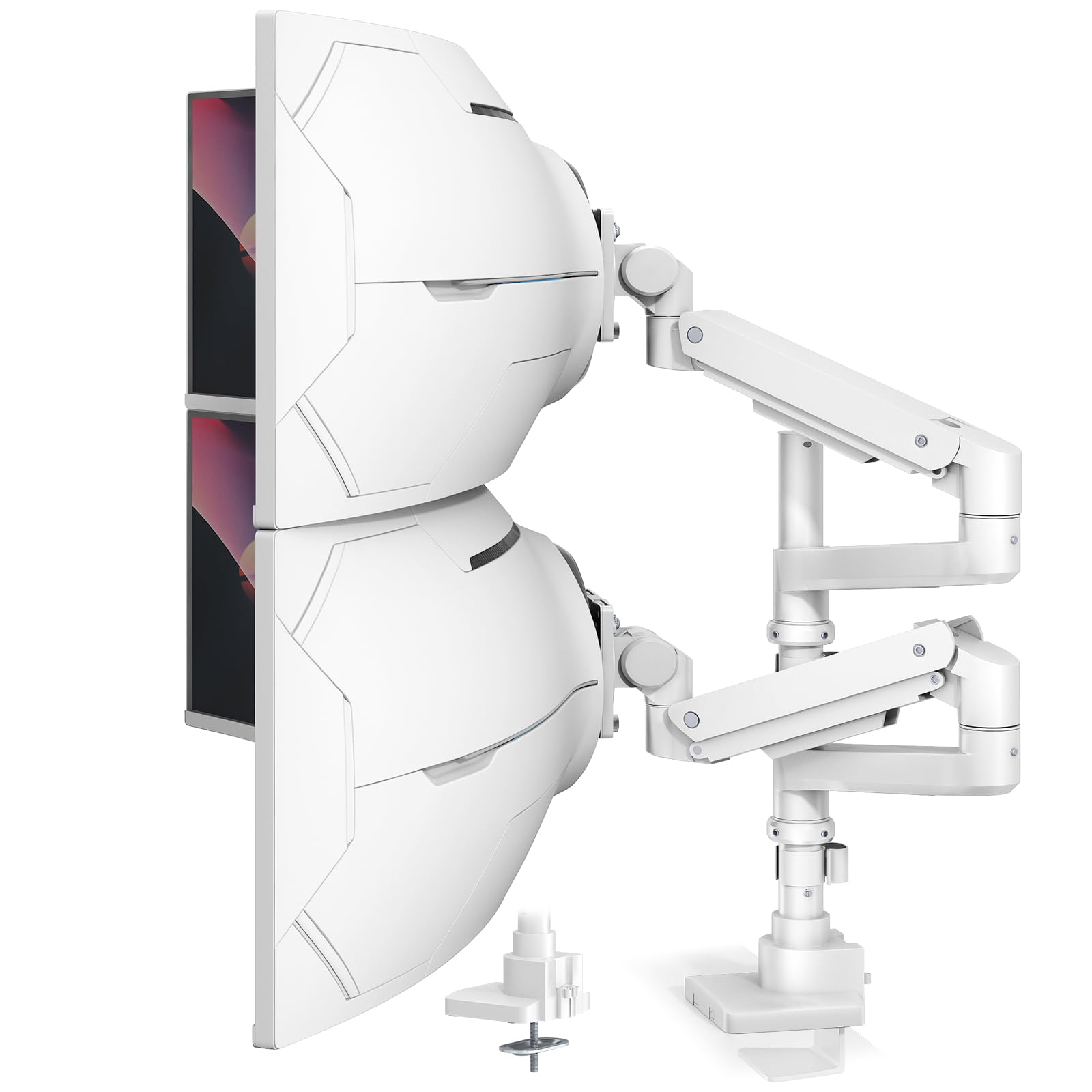 Photo 1 of Dual Monitor-Arm Heavy-Duty for 17-57-Inch Screens - Ultrawide Vertical Dual Monitor Mount, Fully Adjustable Stacked Double Monitor Desk Mount Stand, Max Load 44 lbs per Screen, VESA 75/100 mm, White