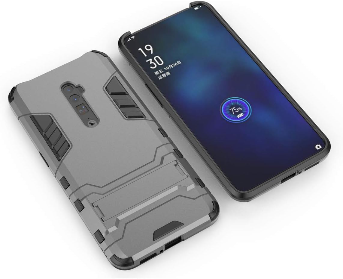 for Oppo Reno(10 Times Coke) case Thin Slim 2 in 1 Heavy Duty Armor Hard Back Phone Cover Soft TPU Bumper with Kickstand (Gray)