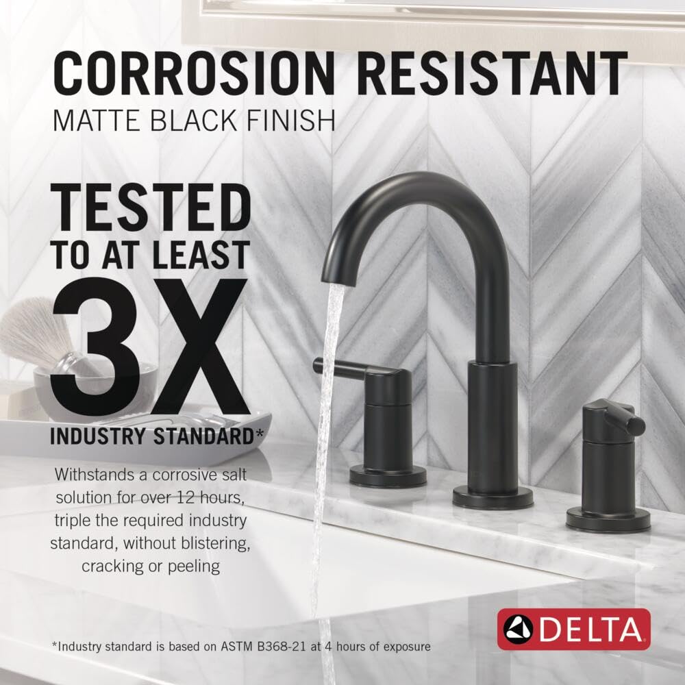 Delta Nicoli Matte Black Bathroom Faucet 3 Hole, 8 Inch Widespread Bathroom Sink Faucet for Vanity, Push-Pop Drain Assembly, Matte Black 35749LF-BL
