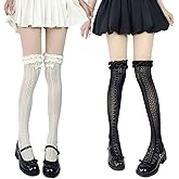 Clispiy 2 Pairs Lace Thigh High Stockings With Bows Y2K Lace Socks Over Knee Long Stocking