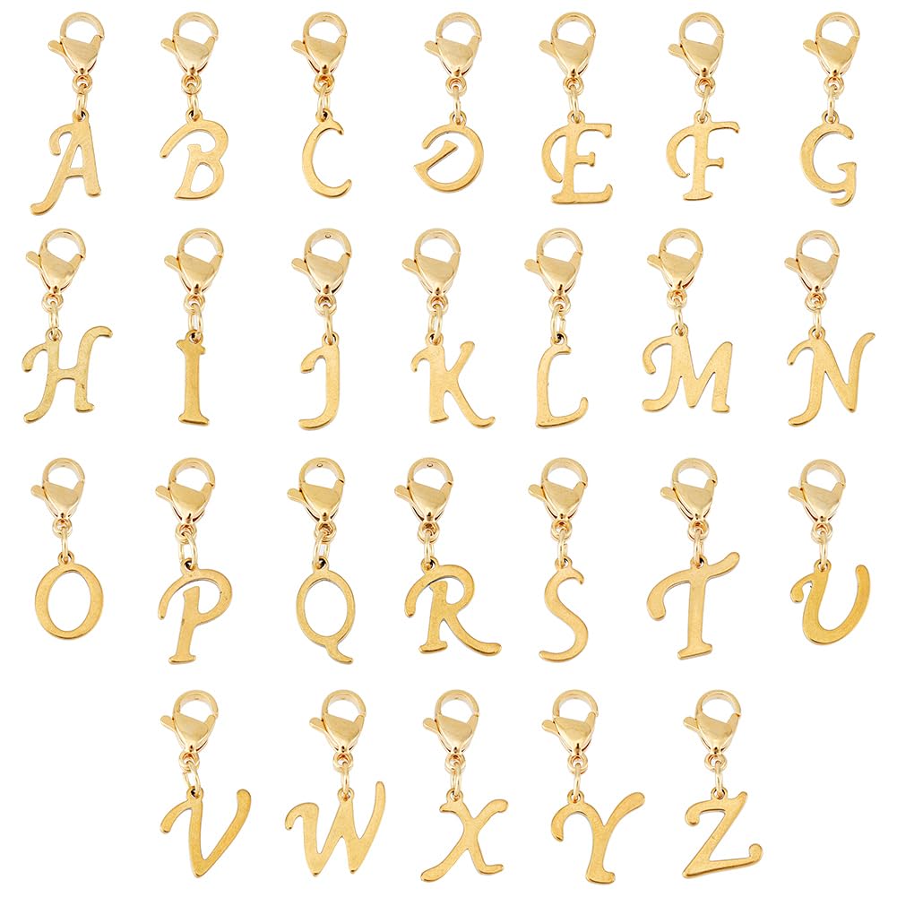 SUPERFINDINGS 26Pcs 304 Stainless Steel Letter Pendant Charms Golden Letter A to Z Lobster Claw Clasps Charms Mini Alphabet Bracelet Necklace Pendants for DIY Keychain Jewelry Making