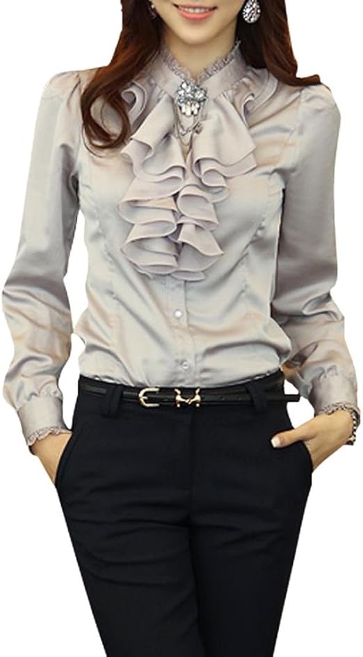 IDEAL Women's Elegant Romantic Ruffle Front Lace HighNeck Collar