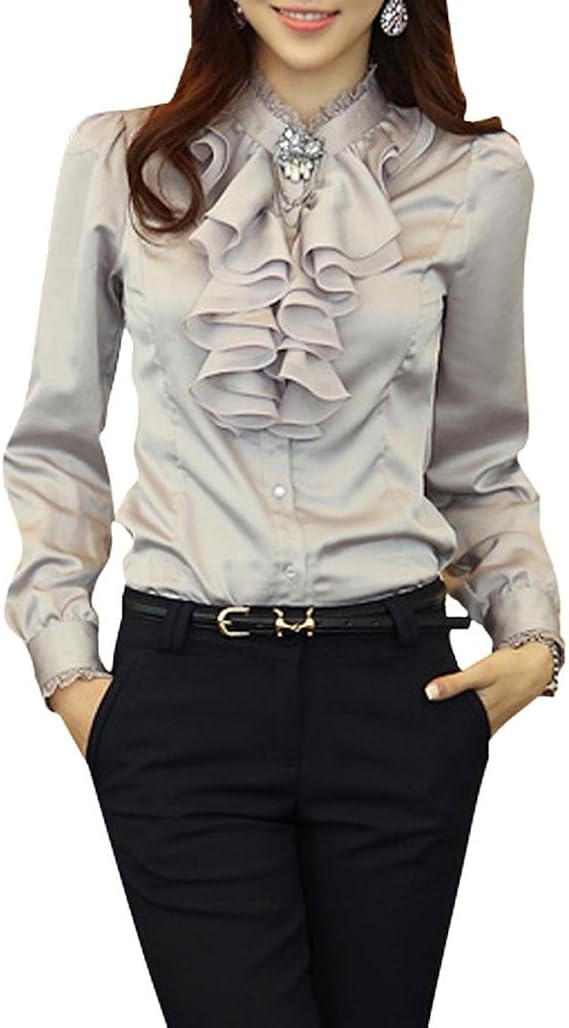 IDEAL Women's Elegant Romantic Ruffle Front Lace HighNeck Collar