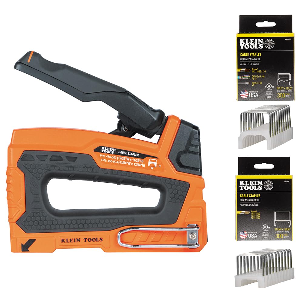 Photo 1 of Klein Tools 80169 Heavy-Duty Cable Stapler with 600 Insulated Staples, Includes 300-Pack 19/32 x 11/32-Inch and 300-Pack 31/64 x 13/64-Inch Sizes