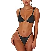 ForBeautyShe Women's Sexy Thong Bottom Two Piece Bikini Double Shoulder Straps Cute Swimsuit Triangle Bathing Suit