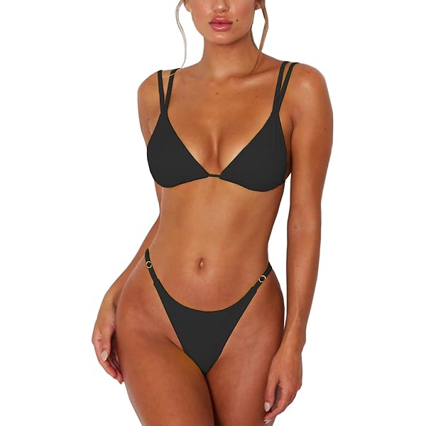 Women's Ribbed Knit Bikini Set - Halter Triangle Top & High-Cut Thong | Ring Detail Swimsuit For Beach & Pool - View #3