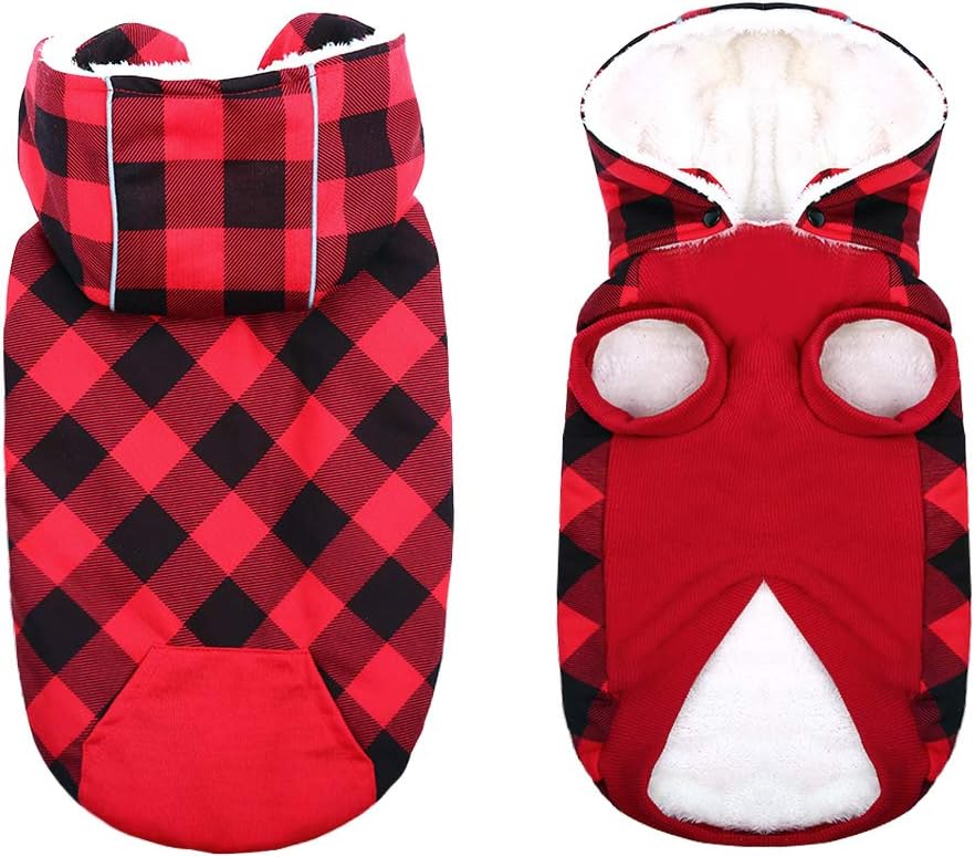 Kuoser British Style Plaid Dog Winter Coat, Windproof Cozy Cold Weather Dog Coat Fleece Lining Dog Apparel Reflective Dog Jacket Dog Vest for Small Medium Dogs with Removable Hat Red XXS : Pet Supplies
