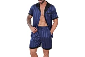 DEARCASE Mens Pajamas Set Satin Silk Pajama For Men Sleepwear Shorts Sexy Nightwear Button Down 2 Piece