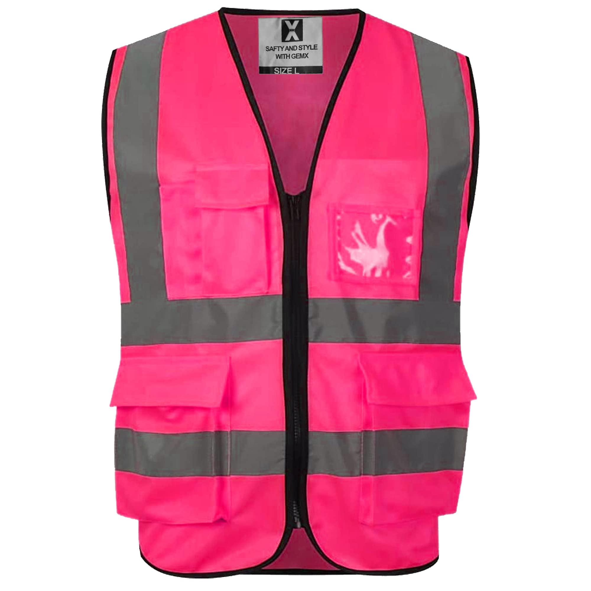 Gemx Hi-Vis Vest Class 2 Zipper Front High Visibility Safety Vest with Phone & ID Holder Pockets | Reflective Safety Jacket