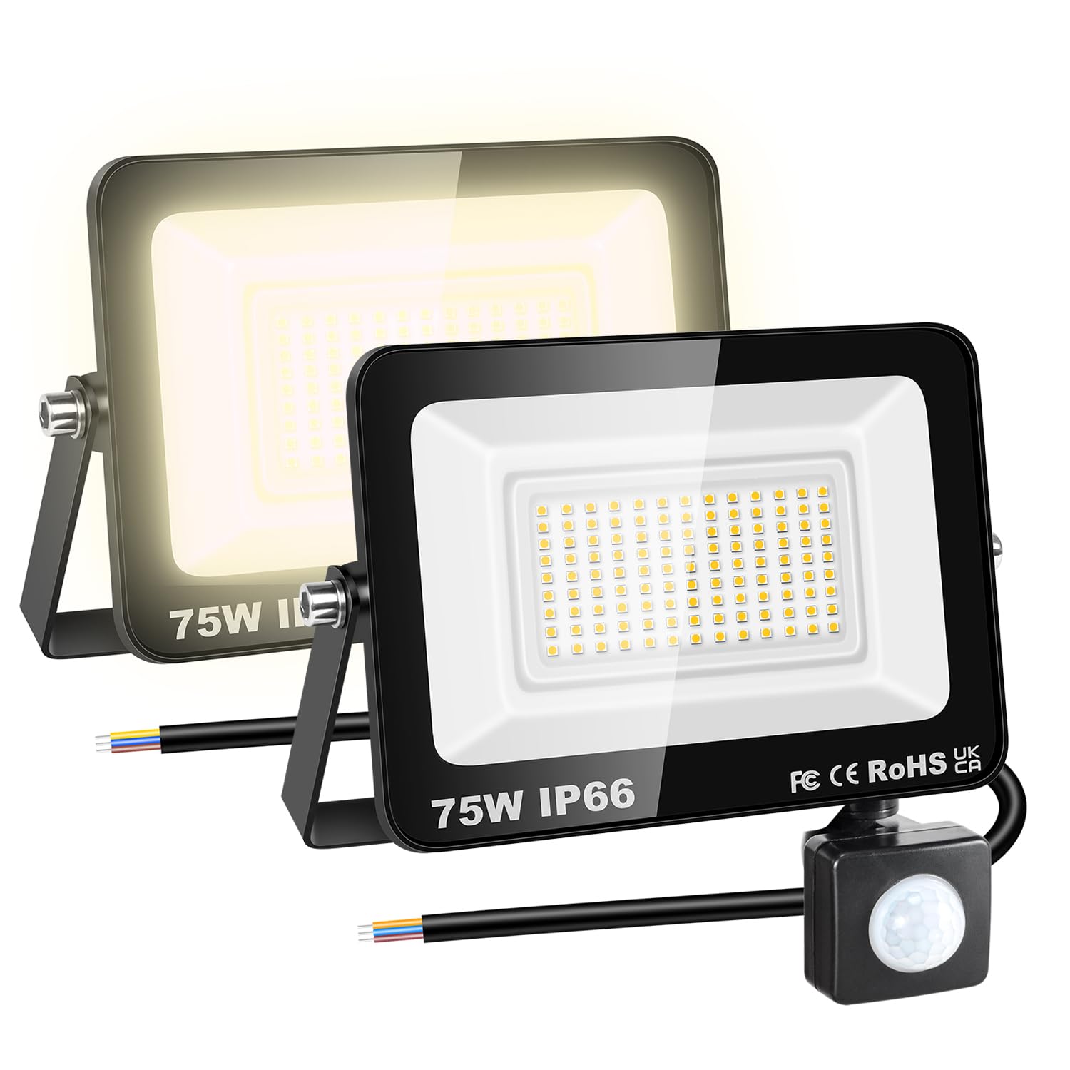 RIGIDON 2 Pcs PIR Motion Sensor Outdoor Floodlight, 75W 7500 Lumens Outside Led Work Light, Daylight Warm White Wall Light for Garden Garage Backyard Patio Lawn House Doorway, IP66 Waterproof 3000K