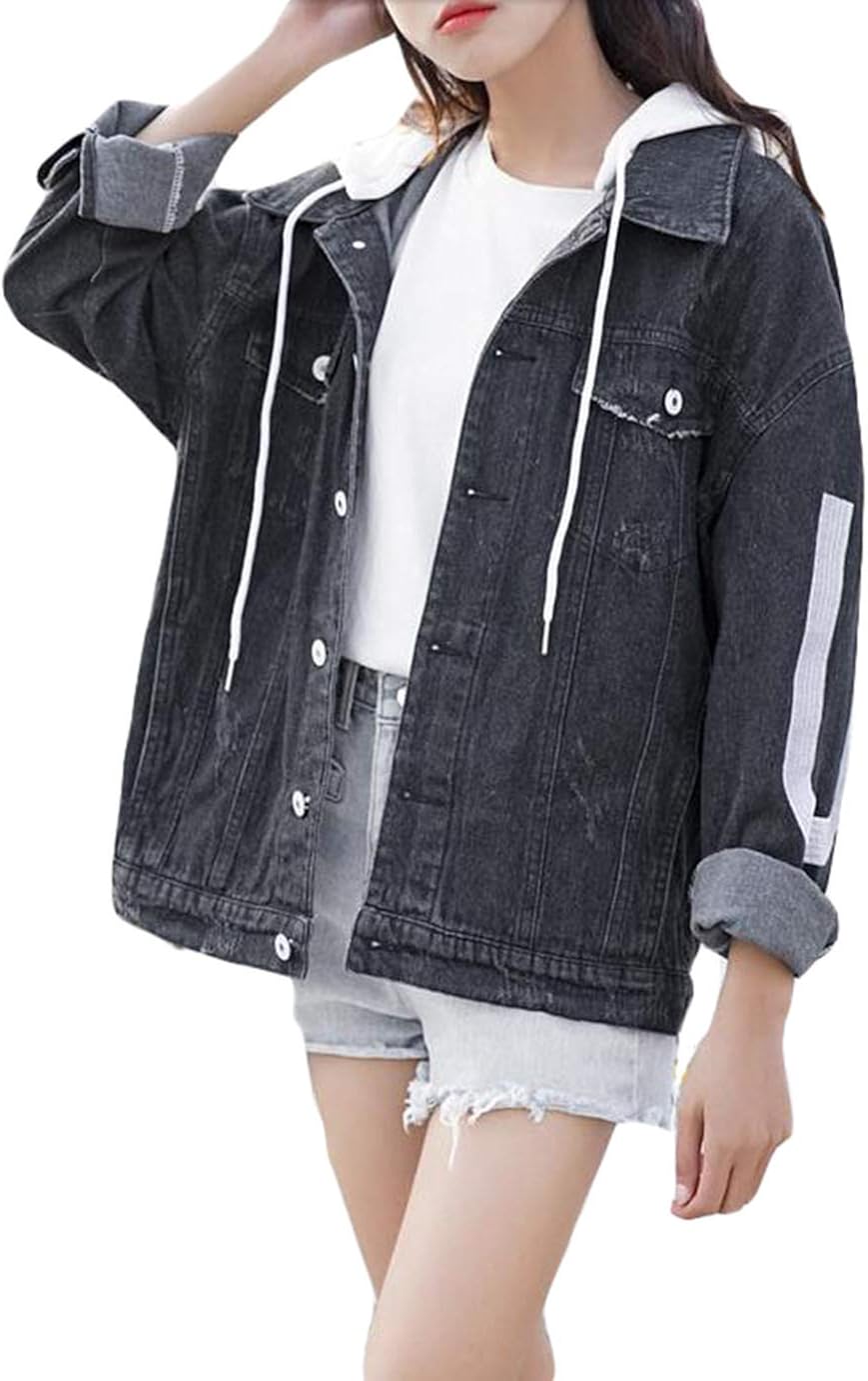 Amazon Mlbossレディース デニムジャケット ゆったり フード付き ジージャン レイヤード風 韓国ファッション Gジャン Gジャン ストリート系 原宿系 秋服 アウター コート ジャケット 通販