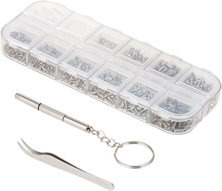Eyeglass Repair Kit, BAKTOONS 1000Pcs Sunglasses Watch Tiny Screws Nut Washer Assortment 5 Pairs Nose Pads, Stainless Steel Screws Tool Kit Set with Tweezers Micro Screwdriver Handy Case (1000PCS)