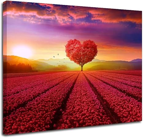 Amazon Com Red Rose Sweet Heart Shaped Flower Garden Scene Landscape Canvas Wall Art Inner Framed Oil Paintings Printed On Canvas Modern Artwork For Home Decorations And Easy To Hang For Living Room Bedroom
