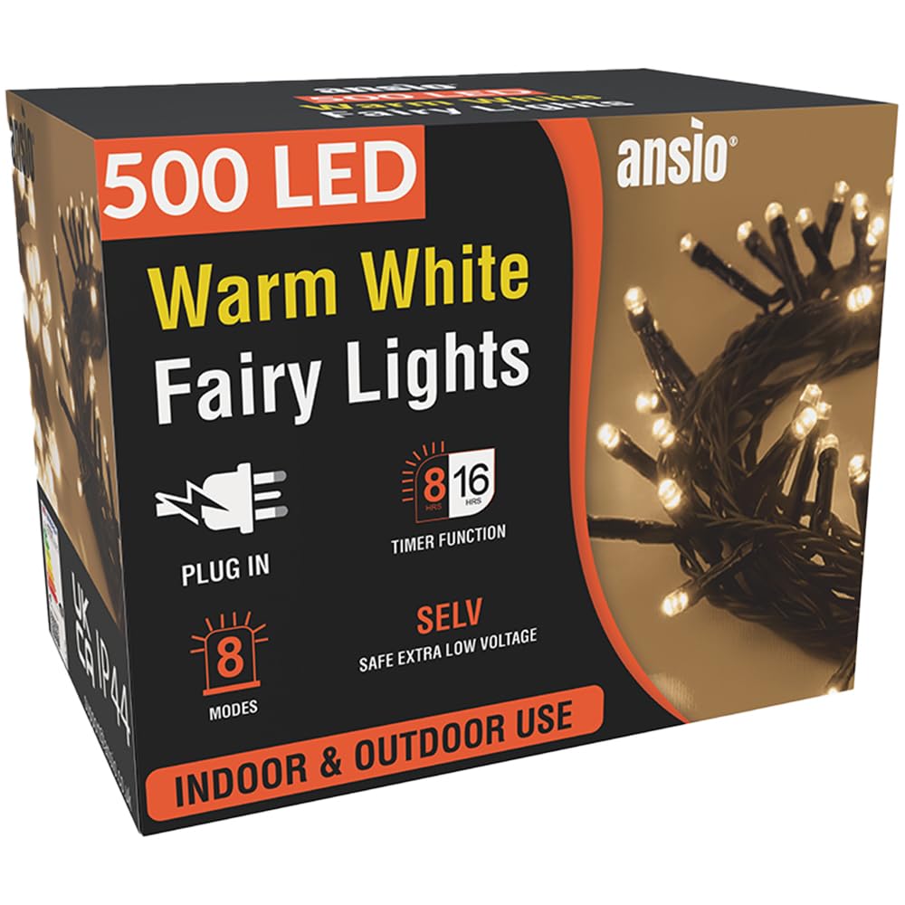 ANSIO® Christmas Lights 500 LED 50m/164ft Christmas Tree Lights for Indoor & Outdoor Warm White Decorations Fairy String Lights with Timer for Xmas Garden Bedroom & Party | Mains Powered Green Cable