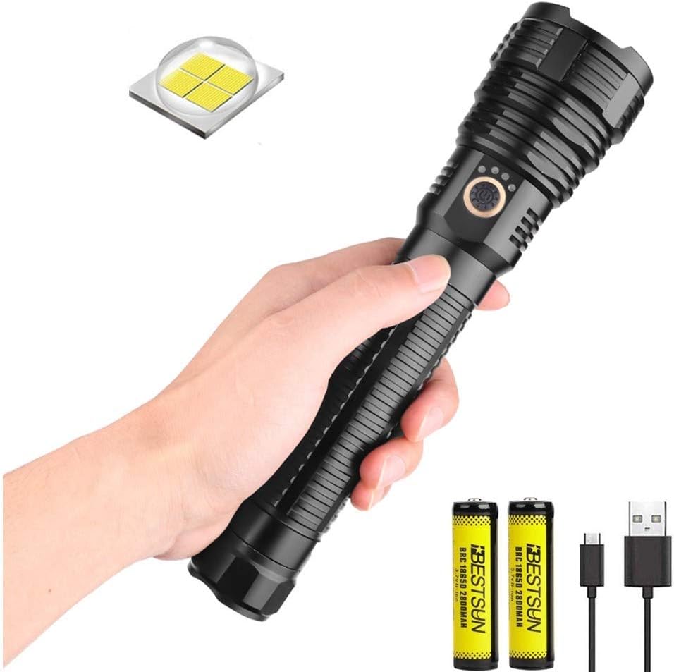 BESTSUN CREE XHP70.2 Flashlight Rechargeable, 10000 Lumen Super Power LED Tactical Flashlight Zoomable 5 Modes Bright Flashlight Torch with Power Display for Camping Hiking (Batteries Include) - - 