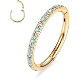 PEAKLINK 316L Surgical Steel Nose Ring Opal Nose Hoop Cartilage Earring Tragus Helix Conch Rook Daith Piercing Jewelry Lip Septum Piercing Gold with CZ & Turquoise 16G 6mm