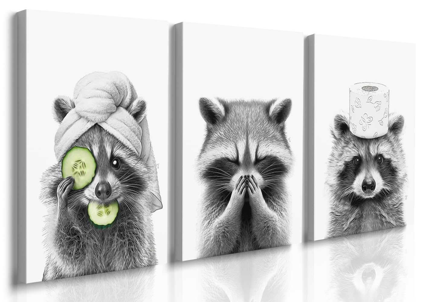 GUBIYU Cute Raccoon Funny Bathroom Wall Art Decor Set of 3 Black and ...