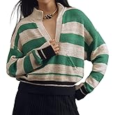 VAOYIU Women's Striped Knit Pullover Sweater Oversized V Neck Long Sleeve Top with Ribbed Hem and Cuffs for Fall Winter