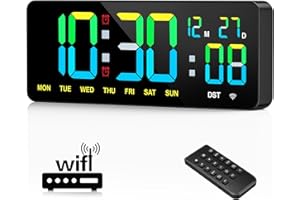 Tempospark Large Digital Wall Clock WiFi Sync, 12in Large Display Wall Clock with Temperature/Date/Week, Timer, with Adapter 
