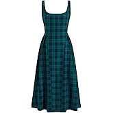 CIDER Plaid Women Maxi Dress Square Neck Sleeveless Pleated Mid Waist Casual Party Dress