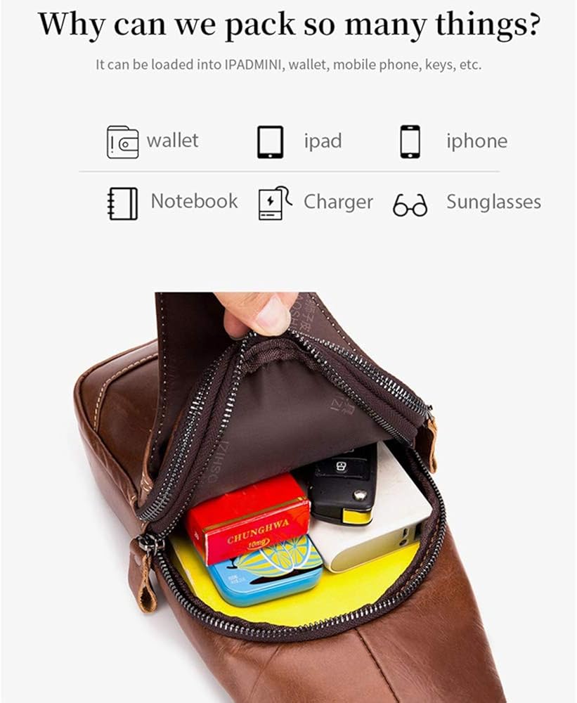 SIDNAZ Men's Genuine Leather Chest Shoulder Bag Vintage Multi Purpose Casual Travel Crossbody Bag UK898 Black - Image 5