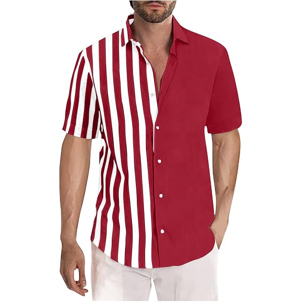 Men's Short Sleeve Patchwork Hawaiian Shirt - Casual Striped Summer Beach Top, Button Down, Orange, Large