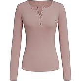 Verdusa Women's Button Up Henley Long Sleeve T Shirts Ribbed Tee Tops Fall Clothes