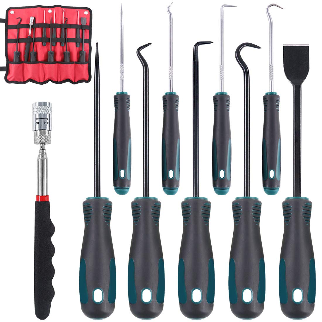 Glarks 10 in 1 Heavy Duty Hook and Pick Set, 9Pcs Precision Scraper, Hook and Pick with a 19 to 69 CM Telescopic Magnetic Pickup Tool for Removing Gaskets, Springs, Oil Seals, O-Rings