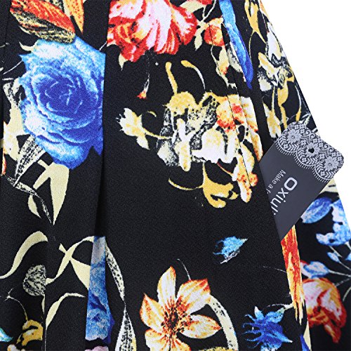 oxiuly Women's Vintage Patchwork Pockets Puffy Swing Casual Party Dress OX165 (Black Floral, x_l)