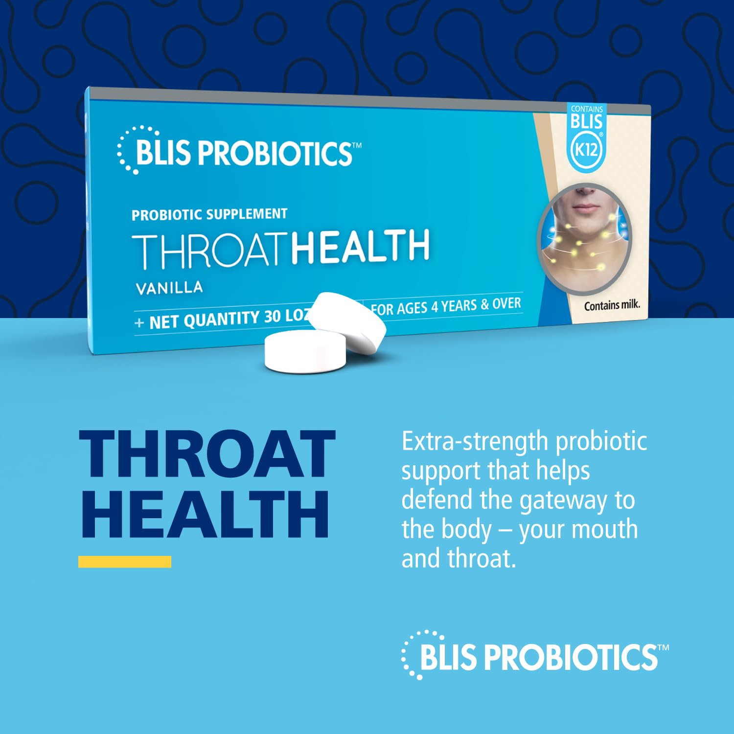 BLIS ThroatHealth Oral Probiotics K12 - Immune & Throat Support, Vanilla - 30 Lozenges, 2.5 Billion CFU