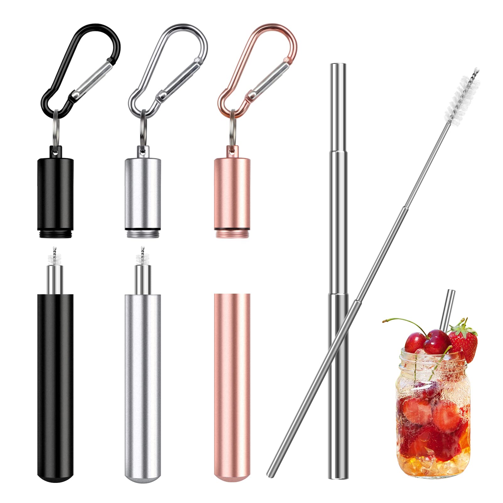 Reusable Metal Straws Stainless Steel Telescopic Straws 3 Set 10 to 22.5 cm Portable Metal Straws Washable Drinking Straws with Cleaning Brush Carabiner Keychain Box