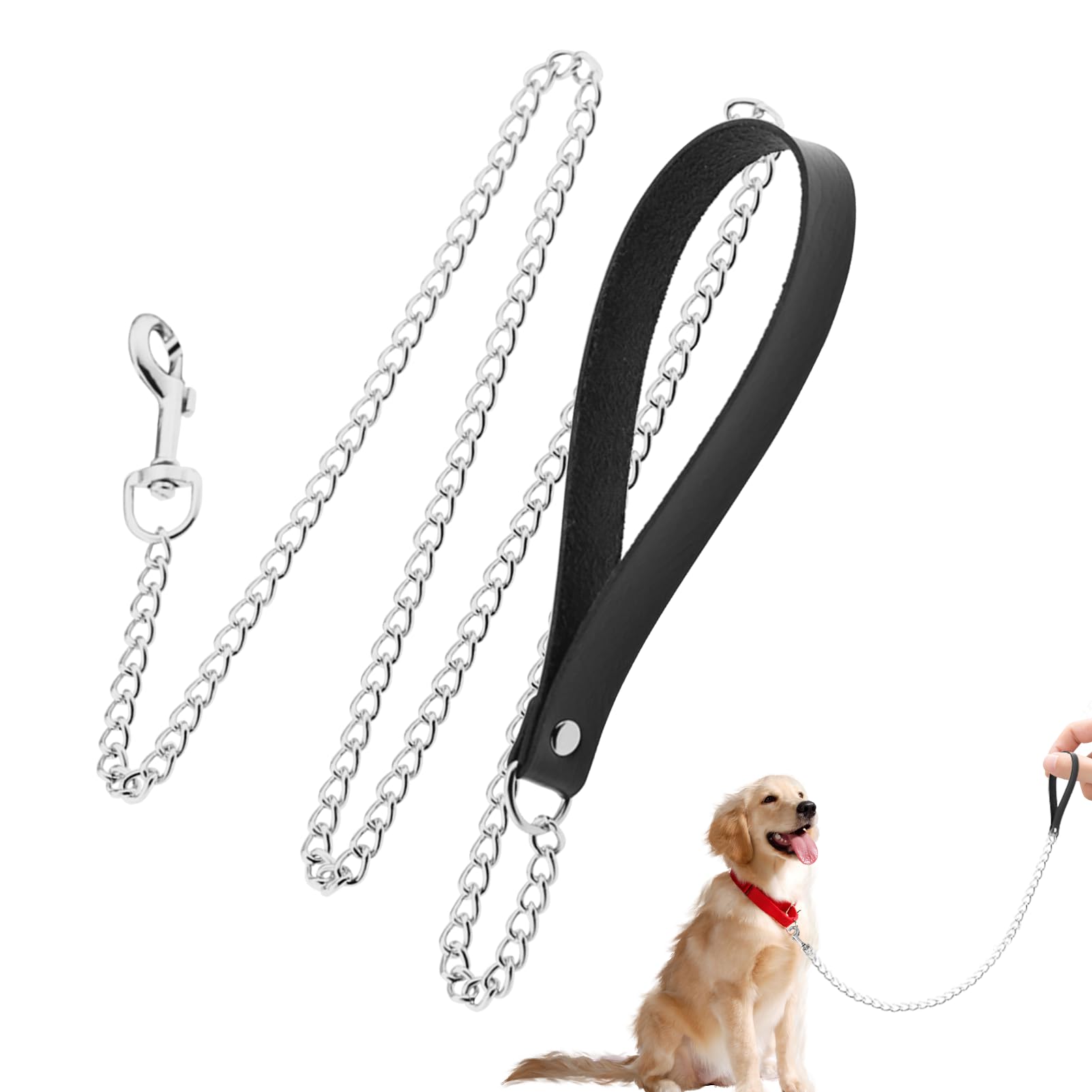 Vierone 1pc 1.18m Metal Dog Leash, Bite Resistant Dog Leash with Comfortable Padded Handle Black Faux Leather for Small Medium Large Dogs