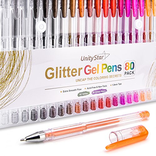 UnityStar 80 Unique Colors Glitter Gel Pen Set Coloring Pens for Kids Adult Coloring Books, Drawing, Doodling, Greeting Cards, Letters