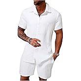 RoseSeek Men's Short Sets 2 Piece Outfits Button Down Linen Shirts and Short Sets Summer Beach Outfis