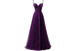 YUAOHUANG Lace Applique Tulle Prom Dresses for Women 2025 Spaghetti Straps Ball Gown Formal Evening Party Gown with Slit