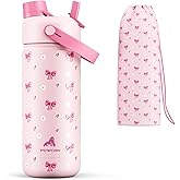 18 oz Insulated Water Bottle for Girls: 2-in-1 Straw Spout Lid, Leakproof, BPA-Free, Easy Carry, Keep Cold 24H, Cute Patterns, Kids Stainless Steel Cup for School, Travel, Holiday Gift (Bow Crush)