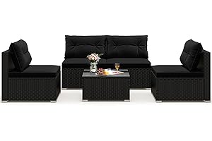 Tangkula 5 Piece Rattan Sofa Set, Outdoor Wicker Furniture Set w/Seat & Back Cushions, Square Coffee Table, Patio Sectional Sofa Set for Backyard, Poolside, Garden (Black)