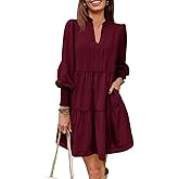 Imily Bela Womens Fall Long Sleeve Tunic Dress Casual V Neck Loose Ruffle Tiered Dress