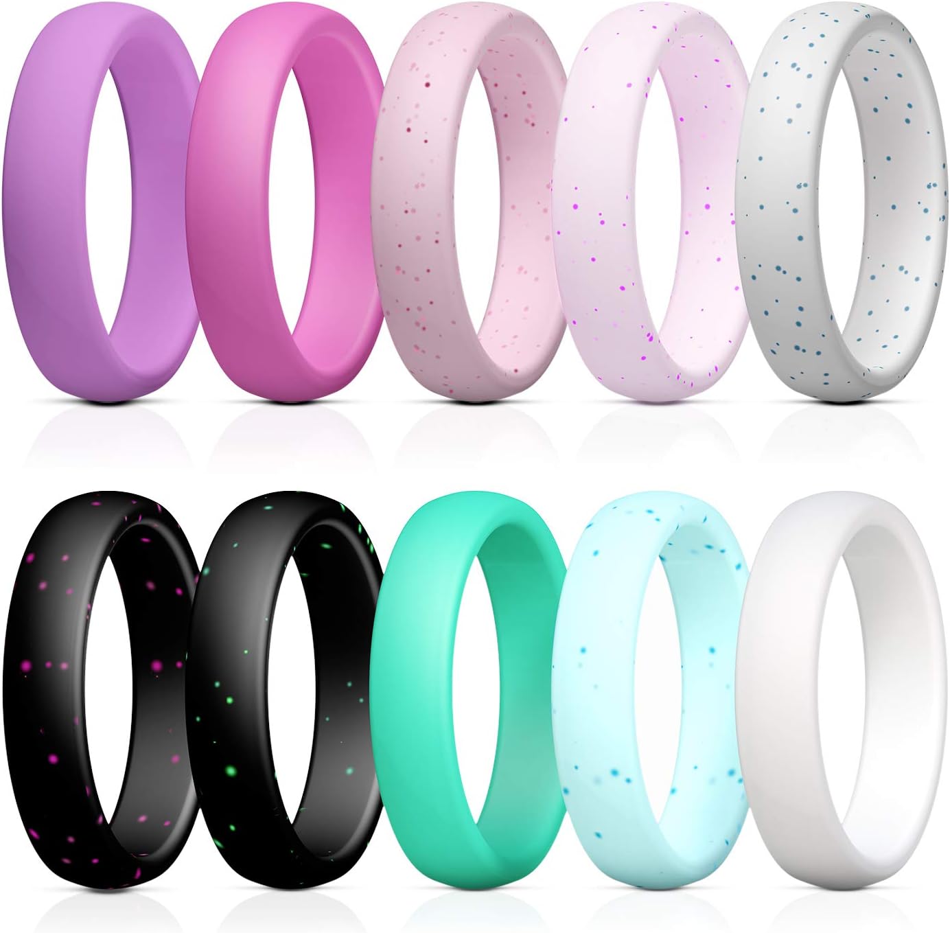 10 Pack Silicone Wedding Ring for Women, Premium Medical Grade Wedding Bands Thin and Stackable Durable Comfortable Rubber Rings, Black White Pink Silver