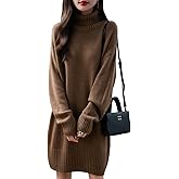 Ciovkis Women's Merino Wool Blend Oversized Sweater Dress 2025 Fall Winter Turtleneck Long Sleeve Knit Knee-Length Dress