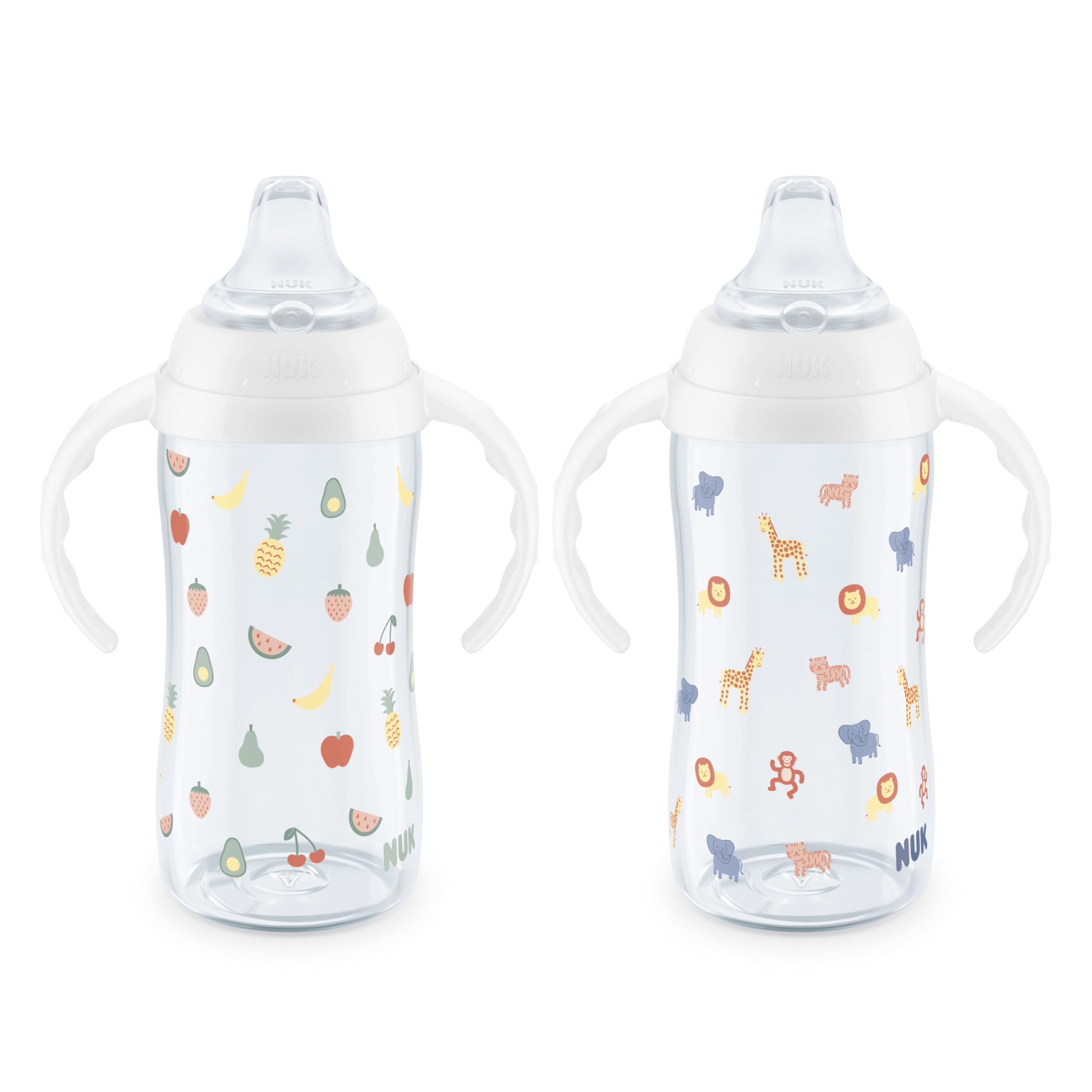 Photo 1 of NUK Learner Cup, 8+ Months, Fun Fruits and Animals, Amazon Exclusive Collection, 10 Oz, Pack of 2, BPA-Free, Soft Spout, Spill Proof Sippy Cup