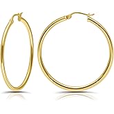 Hoops & Loops 925 Sterling Silver 2mm Hoop Earrings for Women & Men, 14K Gold Plated, Rose Gold, Black Hypoallergenic Lightweight High Polished Click-Top Hoops 15mm-60mm