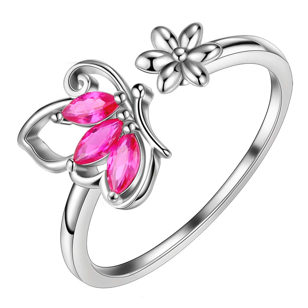 Aurora Tears Womens Jewellery Butterfly Ring 925 Sterling Silver July Birthstone Rings Red Ruby Opening Adjustable Rings Cubic Zirconia Gfits DR0074R — image 1