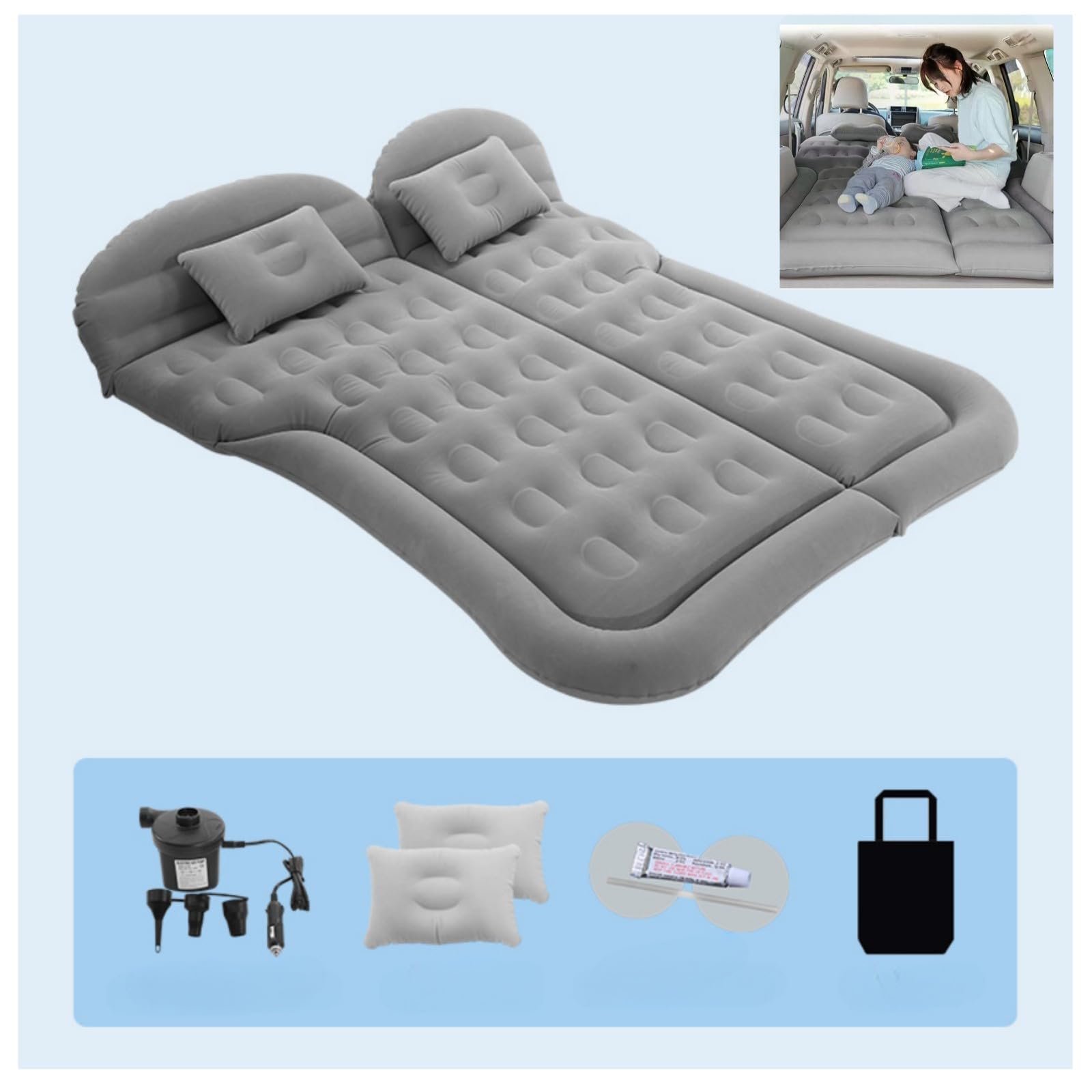GDJIAYIY Car bed,Inflatable Car Mattress, car air bed mattress,Car camping Mattress Waterproof,with 2 pillows &1 inflatable pump,Car camping Essential (Grey)