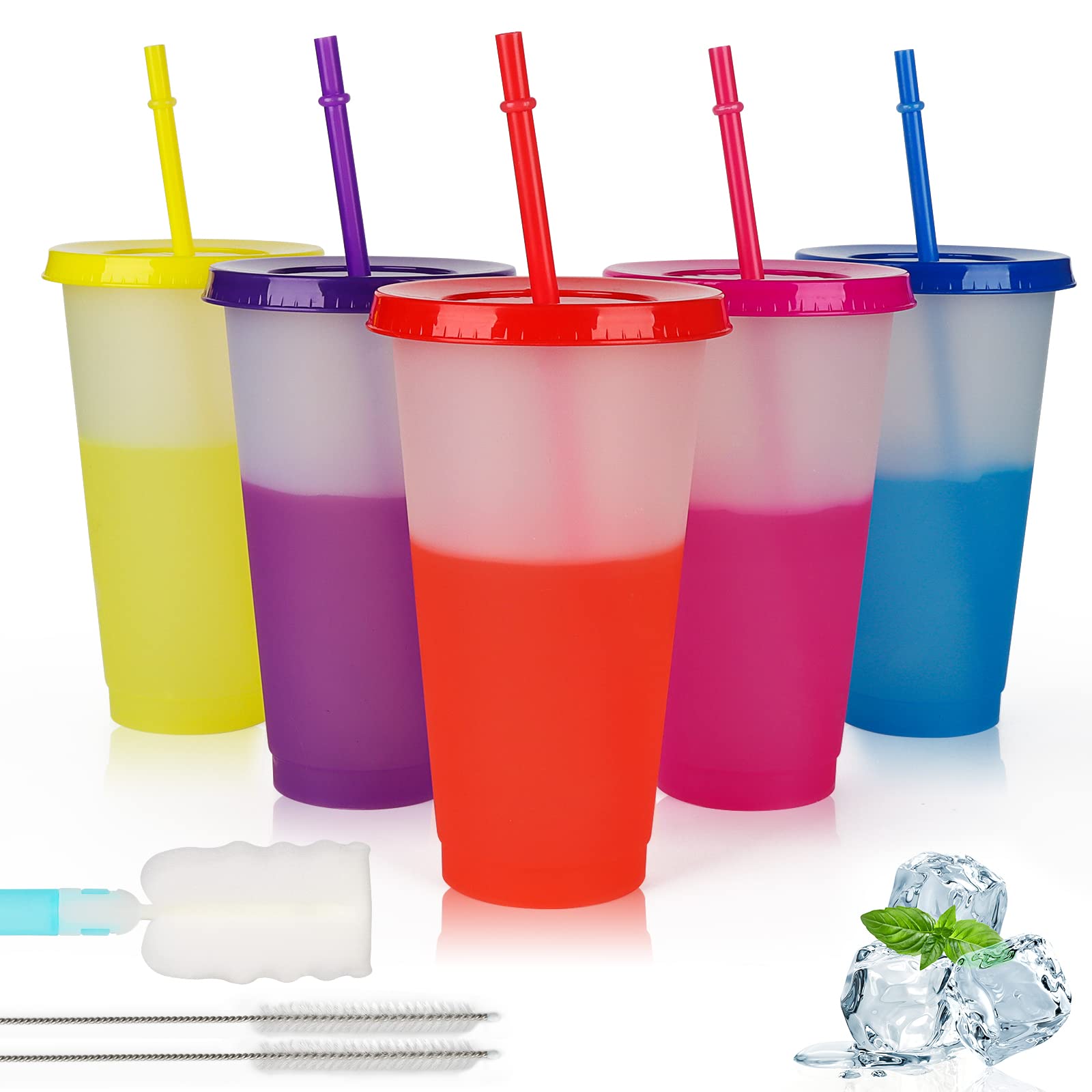 Echify Cold Cups with Lids & Straws - 5 Pack Bright Color Changing Cups 24oz Bulk Magic Tumbler Iced Coffee Cup Travel Mug - Reusable Plastic Cups Smoothie Milkshake Cup for Kids Adults