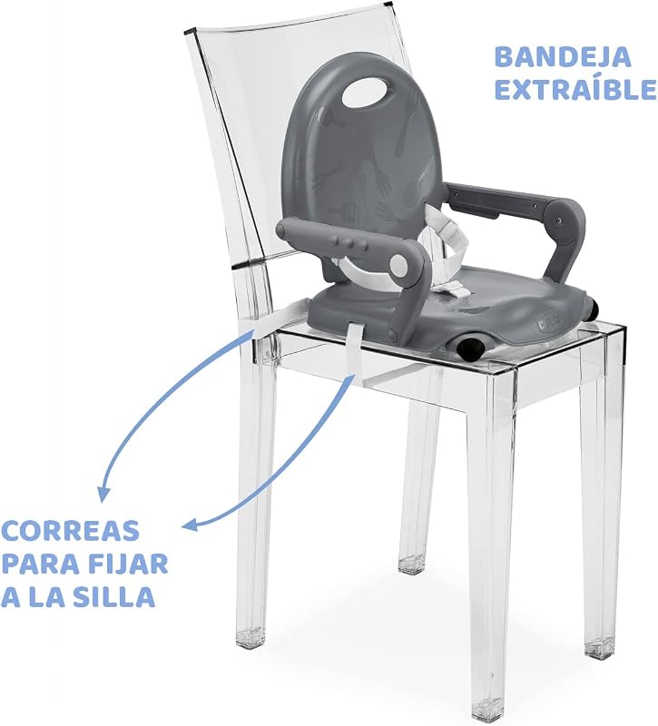 Pocket Snack Alzador de Silla para Niños para Comer, Apto de 6 Meses hasta 3 Años (15 kg), Trona de Viaje Portátil y Ajustable para Bebés, Compacta y con Bandeja Desmontable - Gris (Dark Grey)