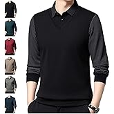 Striped Lapel Fake Two-Piece Shirt, Men's Faux Two Piece Lapel Long-Sleeve Tops, Business Casual Base Layer Shirt